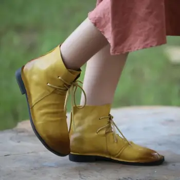 Johnature Botas de Invierno de las Mujeres Zapatos de Cuero Genuino de 2020 Nuevos cordones Planos Con el Dedo del pie Redondo hecho a Mano Concisa Plataforma de Botas de Tobillo
