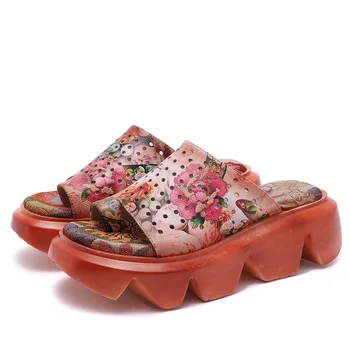 Johnature Plataforma Zapatillas De Cuero Genuino Zapatos De Las Mujeres Florales Diapositivas 2020 Nuevo Verano Fuera De Desgaste Cuñas Casual Zapatillas De Damas