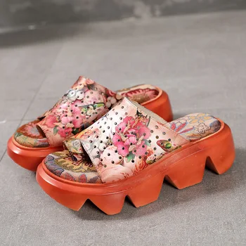 Johnature Plataforma Zapatillas De Cuero Genuino Zapatos De Las Mujeres Florales Diapositivas 2020 Nuevo Verano Fuera De Desgaste Cuñas Casual Zapatillas De Damas