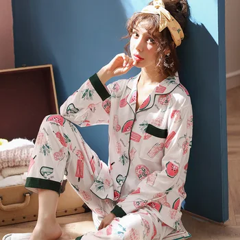 JULIO de LA CANCIÓN la Mujer de Algodón Pijamas de Conjuntos de Primavera Otoño Invierno de Manga Larga ropa de dormir de Impresión de Pijama Para Mujer 2 Piezas de ropa de hogar