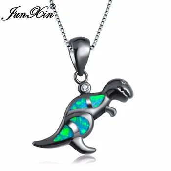 JUNXIN Único Dinosaurio Diseño Hembra Blanco/Azul Ópalo de Fuego Collar y Colgante de Oro Negro Lleno de Animales de Moda de la Joyería Collares
