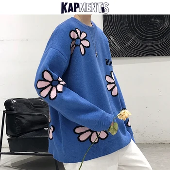 KAPMENTS los Hombres de la Flor de Invierno Suéter de Punto de 2020 coreano para Hombre de la Moda Harajuku Suéteres O-Cuello de Otoño Masculino Vintage 