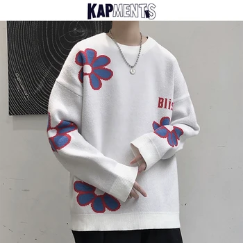 KAPMENTS los Hombres de la Flor de Invierno Suéter de Punto de 2020 coreano para Hombre de la Moda Harajuku Suéteres O-Cuello de Otoño Masculino Vintage 