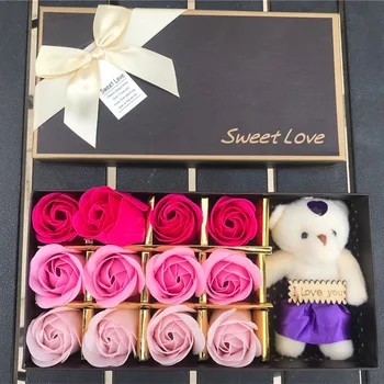 Kawaii Artificial de la felpa del oso de peluche juguetes con ramo de flores de jabón del molde de la flor de la rosa del molde del Día de san Valentín deshierbe de las flores de la decoración de la caja 19463