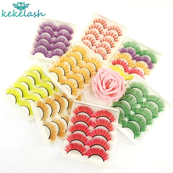 Kekelash 5 Pares de Rojo, Verde, Amarillo, Rosa Color de las Pestañas al por mayor Colorido 3D de Imitación de Pestañas a Granel
