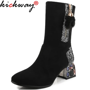 Kickway de Cristal de tacón botines para mujer de imitación de gamuza de piel de la bola de la borla de brillo de la temporada Otoño-invierno zapatos de las mujeres negro de tobillo botas mujer