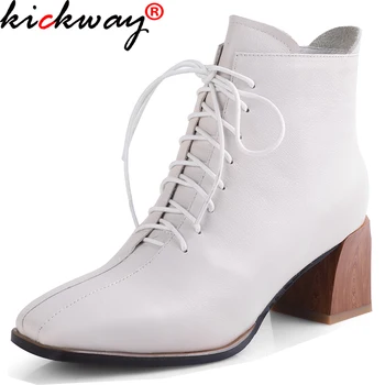 Kickway Moda Mujer Botas de Tobillo de Alta Calidad de Cuero Genuino hecho a Mano de Otoño en las Botas de Invierno de la Cruz Atado los zapatos de Tacón Alto Botas de Mujer de 43