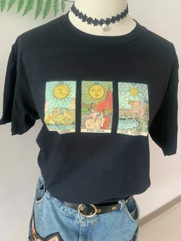 Kuakuayu HJN de Moda Vintage de Sol Luna Estrella Cartas del Tarot T-Shirt de la Mujer Linda Estética Casual Impreso Camiseta de los Hipsters de la Bruja de la Camisa
