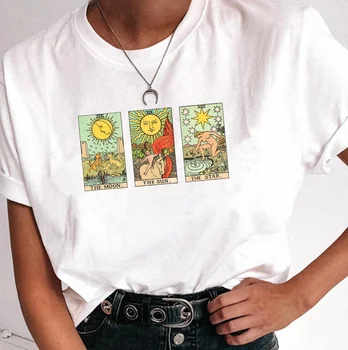 Kuakuayu HJN de Moda Vintage de Sol Luna Estrella Cartas del Tarot T-Shirt de la Mujer Linda Estética Casual Impreso Camiseta de los Hipsters de la Bruja de la Camisa