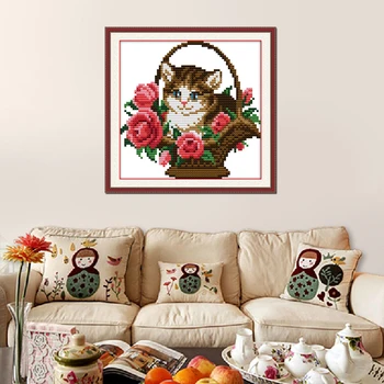 La alegría del domingo cesta de la Flor con el gato Contado Impreso en lienzo 11CT 14CT de punto de Cruz kit de costura Conjuntos de BRICOLAJE bordado