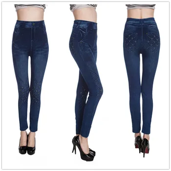 La dama de la Primavera de Otoño en nueva imitación jeans leggings casual falso de mezclilla azul jegging calle floral agujero gato leopardo tatuaje de impresión pantalón