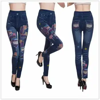 La dama de la Primavera de Otoño en nueva imitación jeans leggings casual falso de mezclilla azul jegging calle floral agujero gato leopardo tatuaje de impresión pantalón