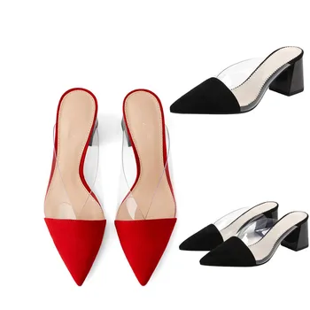 La FAMOSA MARCA el MISMO Diseño 2020 de Verano para Mujer de Mulas Rojo de plástico Transparente Rojo Punta Gruesa Tacón de zapatos de Señora