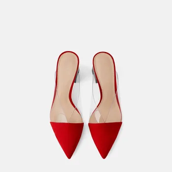 La FAMOSA MARCA el MISMO Diseño 2020 de Verano para Mujer de Mulas Rojo de plástico Transparente Rojo Punta Gruesa Tacón de zapatos de Señora