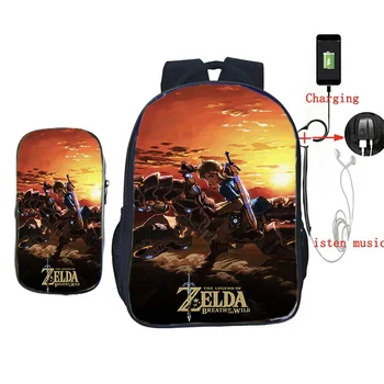 La Leyenda de Zelda de Carga USB 2Pcs/Juegos Portátil Mochila de la Escuela para los Adolescentes Varones de la Moda de Viaje, Mochila con la caja de Lápiz