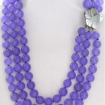 La moda 3rows 8mm de color púrpura de la ronda de calcedonia jades perlas del collar para las mujeres naturales de la cáscara de la flor broche de diy de la joyería de 17 19inch YE2099