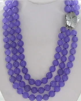 La moda 3rows 8mm de color púrpura de la ronda de calcedonia jades perlas del collar para las mujeres naturales de la cáscara de la flor broche de diy de la joyería de 17 19inch YE2099
