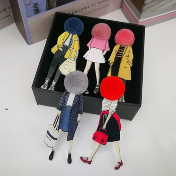 La moda Broche de Pines para la Mujer Broches de dibujos animados de Chicas Modelos de Acrílico Broches Lindo Pompón de Ropa Accesorios de la Joyería Regalos