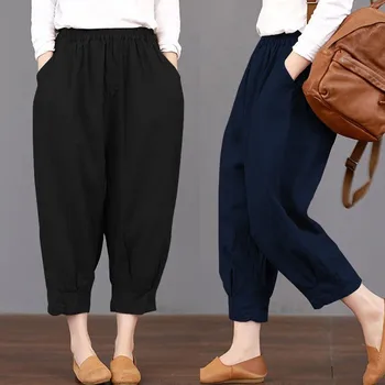 La moda de Ajuste Flojo de Algodón de Lino, Pantalones Harem de Mujeres 2020 Nuevas Casual color Sólido Negro Blanco Azul Cintura Elástica Más el Tamaño 4XL 5XL Pantalones