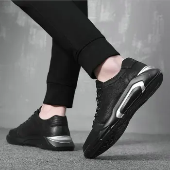 La moda de Cuero Genuino Caminar Mocasines Pisos Zapatos de los Hombres de cuero de vaca de la zapatilla de deporte de los zapatos de los Hombres Casual Encaje negro Zapatos A54-23