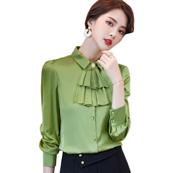 La moda de las Señoras de la Colmena de Blusas de Seda de las Mujeres más Reciente Blanco de Albaricoque Verde Formal de la Oficina de la Camisa Tops S-5XL