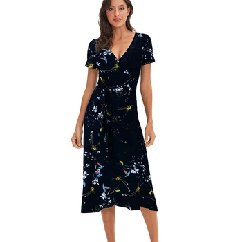 La moda de lunares floral de la gasa de la rodilla - longitud de las mujeres vestidos de playa, boho V-cuello vendaje vestido de dama M30242