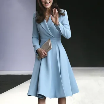 La moda Elegante Blazer Vestidos de Damas de la Oficina de Forma lWear Kate Middleton Princesa Traje de Chaqueta de Alta Calidad Otoño Otoño Vestido Azul