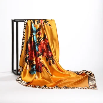 La moda Kercheif de Seda de Satén Hiyab Bufanda Para las Mujeres Floral de la Impresión del Leopardo de la Cabeza Bufandas 90*90cm Plaza Chales Bufandas de Cuello Para Damas