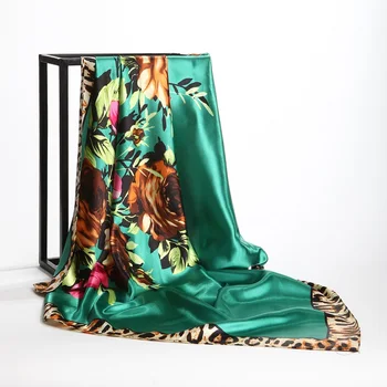 La moda Kercheif de Seda de Satén Hiyab Bufanda Para las Mujeres Floral de la Impresión del Leopardo de la Cabeza Bufandas 90*90cm Plaza Chales Bufandas de Cuello Para Damas