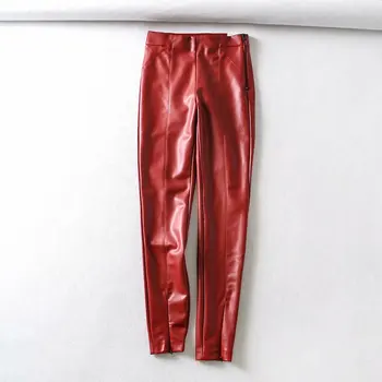 La moda Otoño Invierno de las Mujeres de Alta Wasit de Imitación de Cuero Pantalones de Dama de Rosa Rojo Negro de Lana de la PU de las Cremalleras Flaco Tramo Lápiz Pantalones