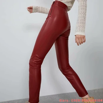 La moda Otoño Invierno de las Mujeres de Alta Wasit de Imitación de Cuero Pantalones de Dama de Rosa Rojo Negro de Lana de la PU de las Cremalleras Flaco Tramo Lápiz Pantalones