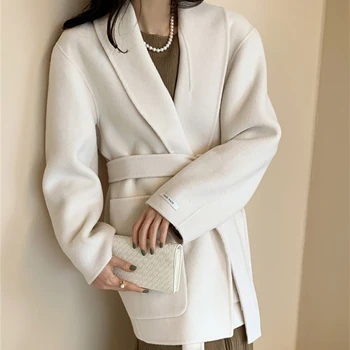 La mujer, Abrigos de Lana Otoño Invierno Minimalista V-cuello Recto Cinturón de Mujeres Abrigo coreano Elegancia Simple OL Mujer Abrigo Tops