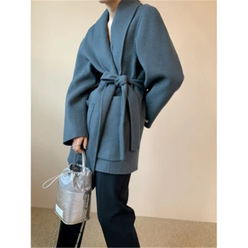 La mujer, Abrigos de Lana Otoño Invierno Minimalista V-cuello Recto Cinturón de Mujeres Abrigo coreano Elegancia Simple OL Mujer Abrigo Tops
