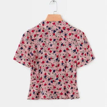 La mujer Camisetas de 2020 Primavera Verano de la Nueva Retro Camisa Corta Traje de Cuello de Manga Corta Solo Pecho de la Impresión Floral de la Blusa Femenina Tops