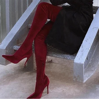 La mujer de Gamuza Más de la rodilla Botas de Punta de Dedo de la temporada Otoño-Invierno Tejido elástico de Mujer Sexy Delgada zapatos de Tacón Alto Zapatos de 2020 Calzado para dama
