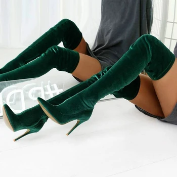 La mujer de Gamuza Más de la rodilla Botas de Punta de Dedo de la temporada Otoño-Invierno Tejido elástico de Mujer Sexy Delgada zapatos de Tacón Alto Zapatos de 2020 Calzado para dama