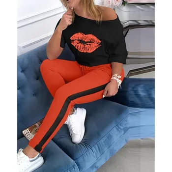 La mujer de Rojo los Labios de Impresión de Conjuntos de Chándal Señora 2020 Verano Sexy de los Hombros Fuera de 2pcs Conjunto Elegante Blusa+Elástico de la Cintura de los Pantalones Largos Conjuntos de