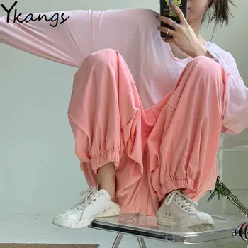 La mujer Elástica de Cintura Alta Corredores de rosa Púrpura del Harem de los Pantalones Femeninos Sólido Más el Tamaño de los Pantalones Sueltos Harajuku Deportivos de Streetwear