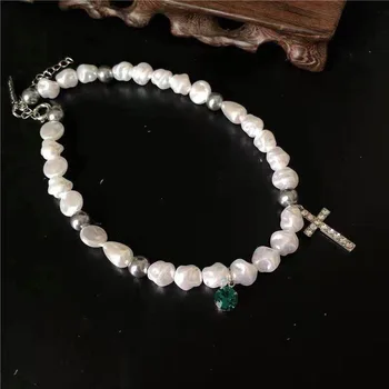 La perla de la Cruz del Collar de la Perla Irregular de la Cruz de la Cadena de Metal Bead Hebra de la Cadena Collar Elegante Avanzado Diaria de las Mujeres de la Joyería