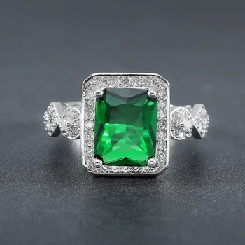 La plaza de la moda cristal verde esmeralda piedras preciosas anillos de diamantes para las mujeres de oro blanco de color plata de la joyería bague fiesta de la moda de regalo