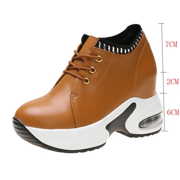 La primavera de Aumentar la Altura de la Cuña Zapatillas Simple Encaje de la Plataforma de Zapatillas de Moda de color Beige Brown Casual de Cuero de la PU Zapatos al aire libre