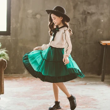 La princesa de terciopelo de la gasa de 2 piezas de conjunto de la edad de 4 a 14 años adolescentes de la primavera ropa de manga larga blusa+falda de niña grande uniformes escolares