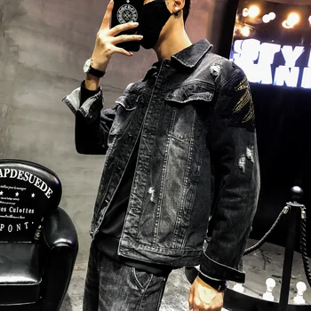 La ropa de calle agujero chaqueta de mezclilla de moda águila parche bordado chaqueta de mezclilla de la marca capa de punk lentejuelas slim negro chaqueta de mezclilla