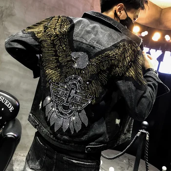 La ropa de calle agujero chaqueta de mezclilla de moda águila parche bordado chaqueta de mezclilla de la marca capa de punk lentejuelas slim negro chaqueta de mezclilla