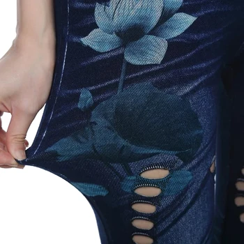 Laamei las Mujeres de la Moda de las Polainas de Impresión Floral Lápiz Pantalones Leggins 2019 3XL Más el Tamaño de Cintura Alta Hueco a Imitación de los Leggings de Mezclilla