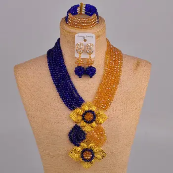 Laanc Moda Azul Real Champange de Oro de Nigeria de la Boda Africana de Perlas de sistema de la Joyería de Cristal C6CHLK024