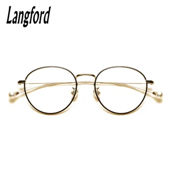 Langford marca ronda vintage gafas de marco óptico de marcos de anteojos para las mujeres de oro grande de anteojos de marcos del espectáculo diseños de la perla de la pierna