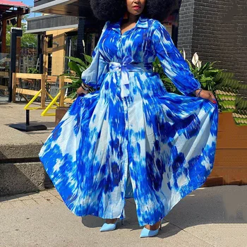 Las Mujeres africanas de Gran Tamaño Vestido de 4xl 5xl Azul de Impresión de Manga Larga de Otoño Solo Pecho Cintura Alta 2020 Elegante Vestido de Fiesta de Noche