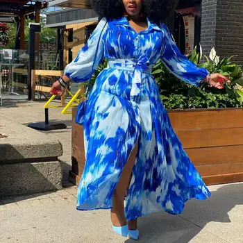 Las Mujeres africanas de Gran Tamaño Vestido de 4xl 5xl Azul de Impresión de Manga Larga de Otoño Solo Pecho Cintura Alta 2020 Elegante Vestido de Fiesta de Noche