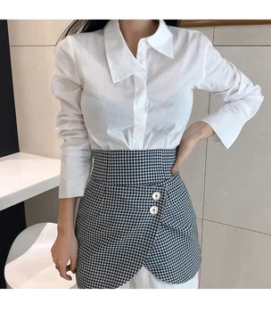 Las mujeres Blancas, Camisas Largas Conjuntos de Dos piezas de Manga Larga Blusa + Mini faldas a Cuadros se Adapte a 2019 el Otoño de Moda OL Conjunto de Ropa de